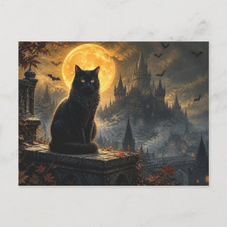 Halloween Svart Katt Gotisk Slott Vykort