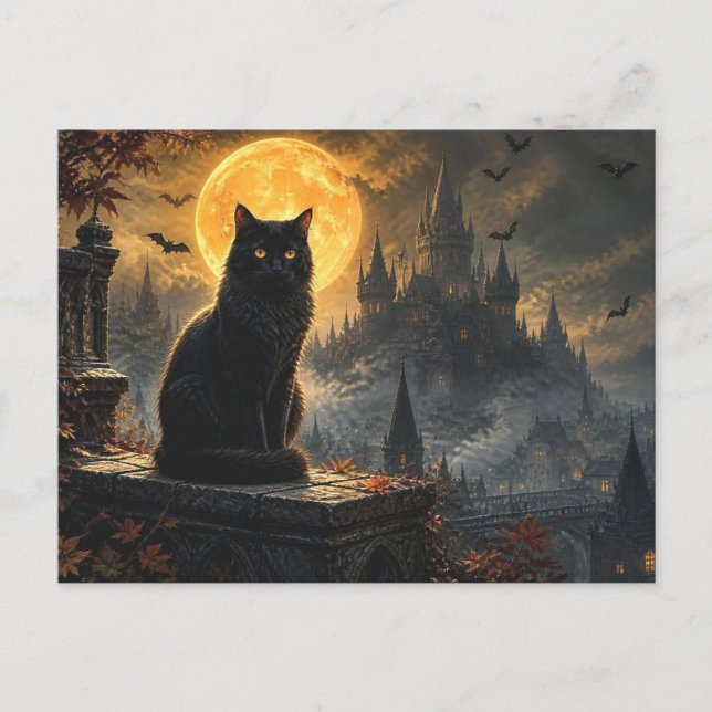 Halloween Svart Katt Gotisk Slott Vykort (Framsida)