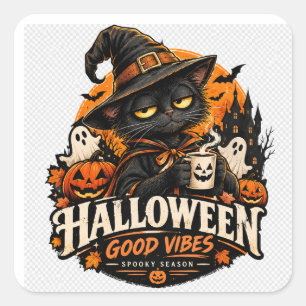 Halloween Svart Katt Häxa Goda Vibrationer Skumma Fyrkantigt Klistermärke