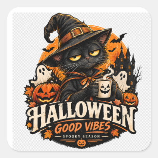 Halloween Svart Katt Häxa Goda Vibrationer Skumma Fyrkantigt Klistermärke