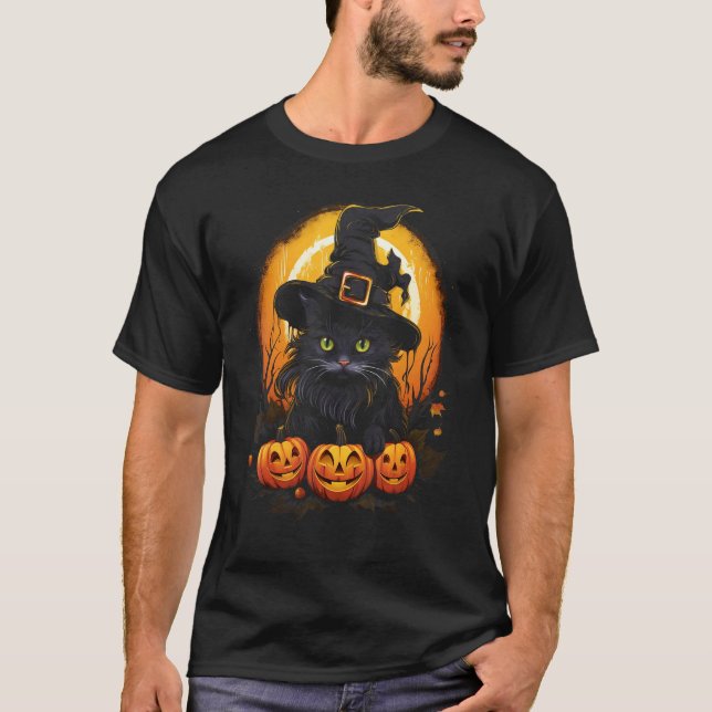 Halloween Svart Katt Häxa Hatt Jack o Lantern Pump T Shirt (Framsida)