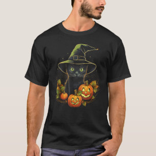 Halloween Svart Katt Häxa Hatt Jack o Lantern Pump T Shirt
