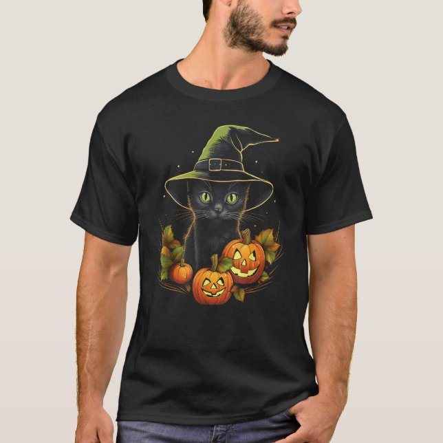 Halloween Svart Katt Häxa Hatt Jack o Lantern Pump T Shirt (Framsida)