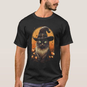 Halloween Svart Katt Häxa Hatt Måne Pumpa Kostym T Shirt