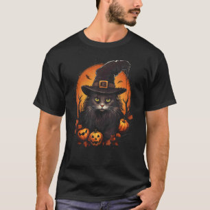Halloween Svart Katt Häxa Hatt Pumpa Höst Fall T Shirt