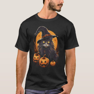 Halloween Svart Katt Häxa Hatt Pumpa Kostym Skrämm T Shirt