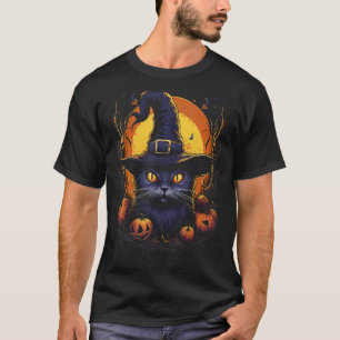 Halloween Svart Katt Häxa Hatt Pumpa Måne Grafisk T Shirt
