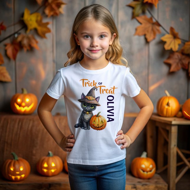 Halloween svart katt jack o lantern bus eller godi t shirt (Halloween cute black cat jack o lantern trick or treat personalized name T-Shirt gifts for kids)
