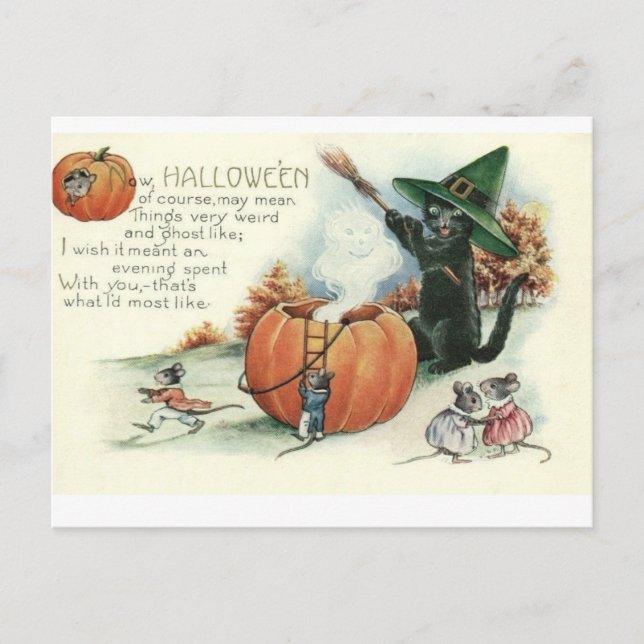 Halloween Svart Katt Kittel Möss Mus Postkort Vykort (Framsida)