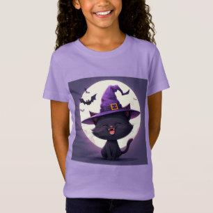 Halloween Svart Katt Klädd som en Häxa Hatt T Shirt