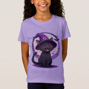 Halloween Svart Katt Klädd som en Häxa Hatt T Shirt