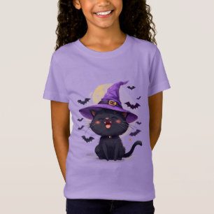 Halloween Svart Katt Klädd som en Häxa Hatt T Shirt