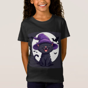 Halloween Svart Katt Klädd som en Häxa Hatt T Shirt