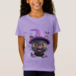 Halloween Svart Katt Klädd som en Häxa Hatt T Shirt