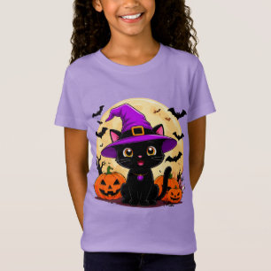 Halloween Svart Katt Klädd som en Häxa Hatt T Shirt