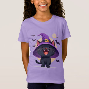 Halloween Svart Katt Klädd som en Häxa Hatt T Shirt