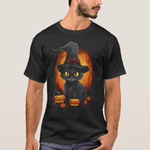 Halloween Svart Katt Kuslig Häxa Hatt Jack o Lante T Shirt