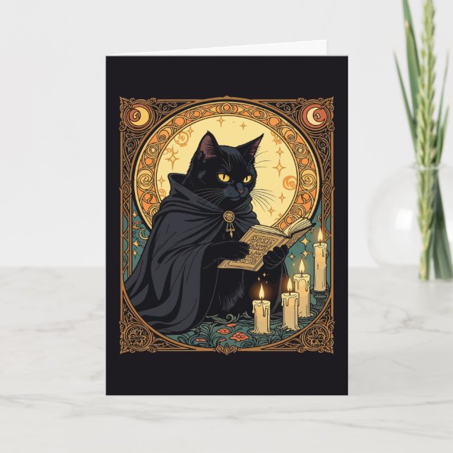 Halloween Svart Katt Läs En Bok Helgkort (Framsida)
