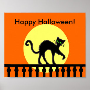 Halloween Svart Katt Mån Fence Poster
