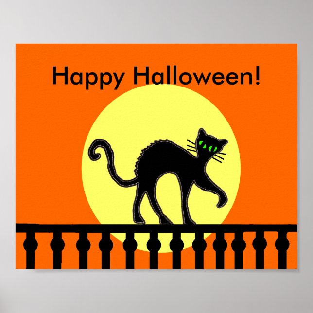 Halloween Svart Katt Mån Fence Poster (Framsidan)