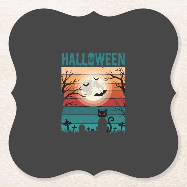 Halloween Svart Katt Månad Gravplats Retro Vektor  Underlägg Papper (Framsida)