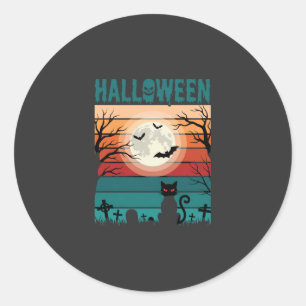 Halloween Svart Katt Måne Kyrkogård Retro Vector D Runt Klistermärke