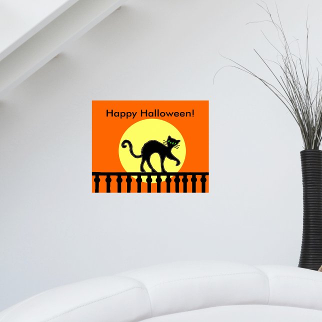 Halloween Svart Katt Månens Staket Poster (Black cat arched back on black fence yellow moon on orange Happy Halloween wall poster decoration.)