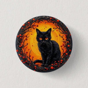 Halloween Svart Katt med Glödande Ögon Knapp