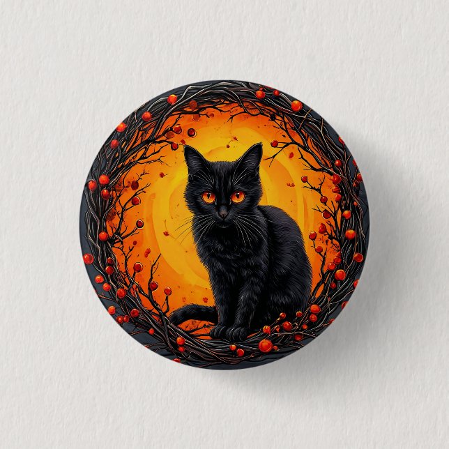 Halloween Svart Katt med Glödande Ögon Knapp (Framsida)