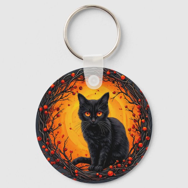 Halloween Svart Katt med Glödande Ögon Nyckelring (Framsida)