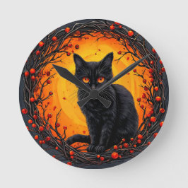 Halloween svart katt med glödande ögon rund klocka