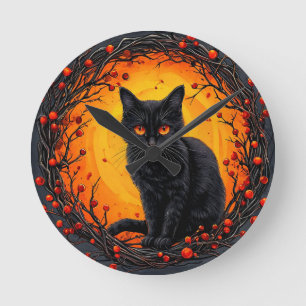 Halloween svart katt med glödande ögon rund klocka