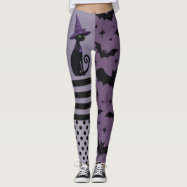 Halloween Svart Katt med Lila Fladdermöss Leggings