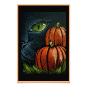HALLOWEEN SVART KATT med PIMPKINS 4" X 6" TRYCK