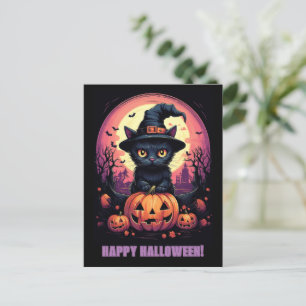 Halloween svart KATT med pumpa och häxa HATT Vykort