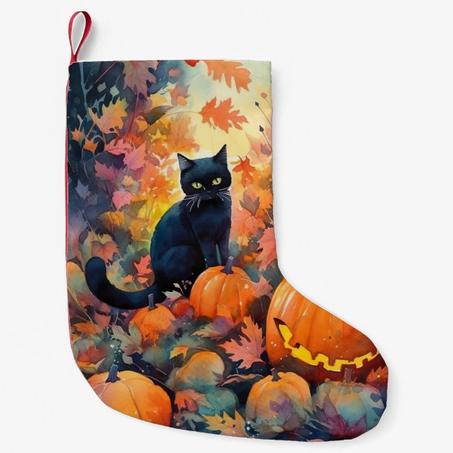 Halloween Svart Katt Med Pumpa Skräck Liten Julstrumpa (Framsidan)