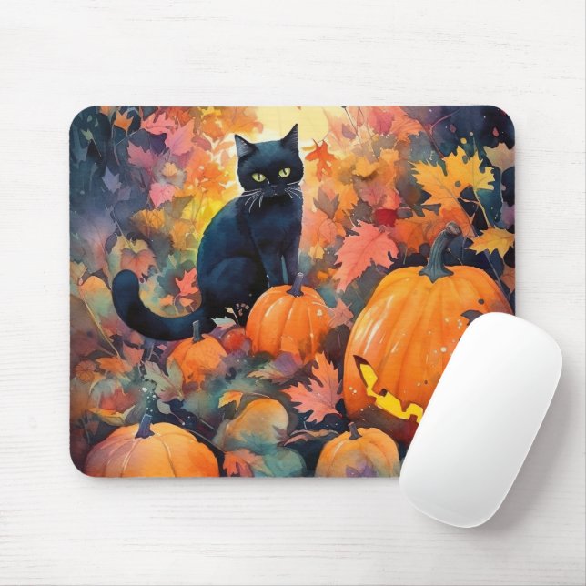 Halloween Svart Katt Med Pumpa Skräckinjagande Musmatta (Med mus)