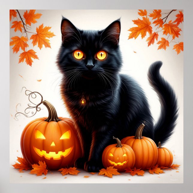 Halloween Svart Katt Med Pumpafält Scen 🎃 Poster (Framsidan)