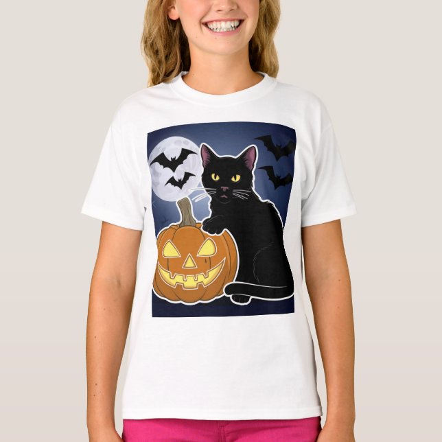 halloween svart katt med pumpkin t shirt (Framsida)