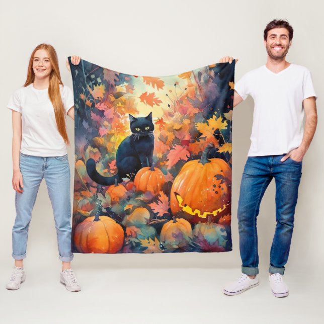 Halloween svart katt med pumpor fleecefilt (På plats)