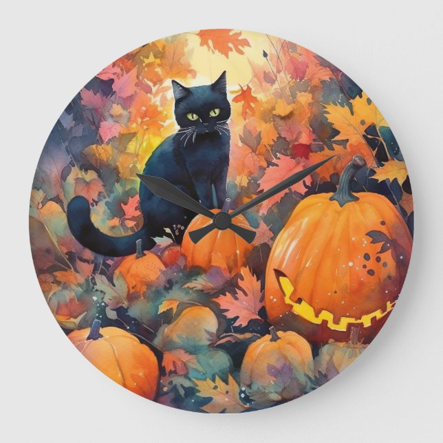 Halloween svart katt med pumpor läskig väggklocka (Framsida)