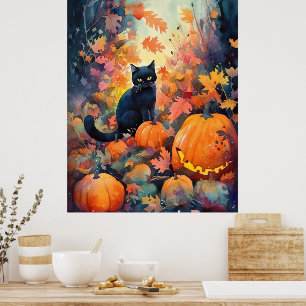 Halloween svart katt med pumpor poster