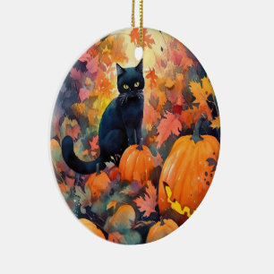 Halloween Svart Katt Med Pumpor Skräckinjagande Julgransprydnad Keramik