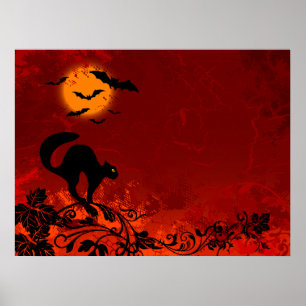 Halloween svart katt och fladdermöss poster