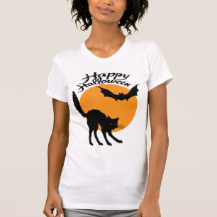 Halloween svart katt och fladdermus med måne, hall t shirt