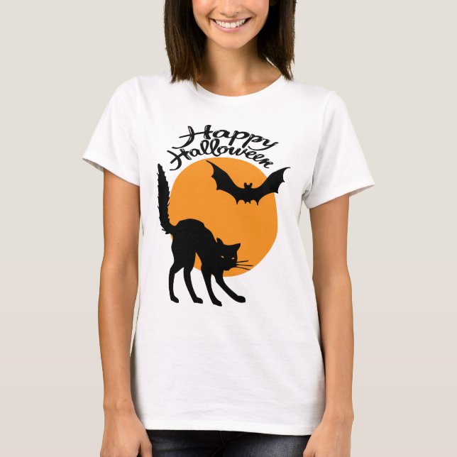 Halloween svart katt och fladdermus med måne, hall t shirt (Framsida)