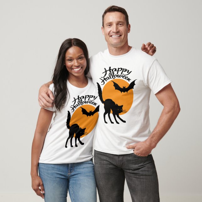 Halloween svart katt och fladdermus med måne, hall t shirt (Unisex)