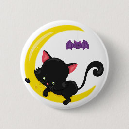 Halloween Svart katt och fladdermus på halvmåne Knapp