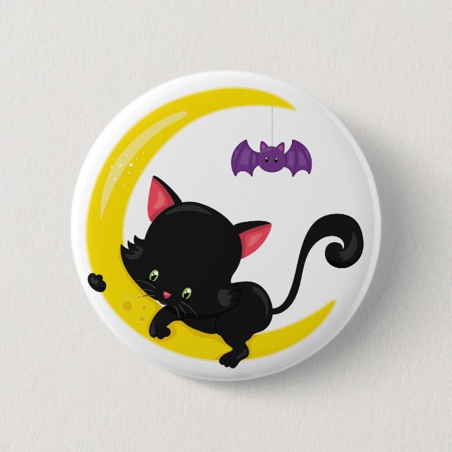Halloween Svart katt och fladdermus på halvmåne Knapp (Framsida)