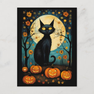 Halloween svart katt och full mångräddknapp vykort